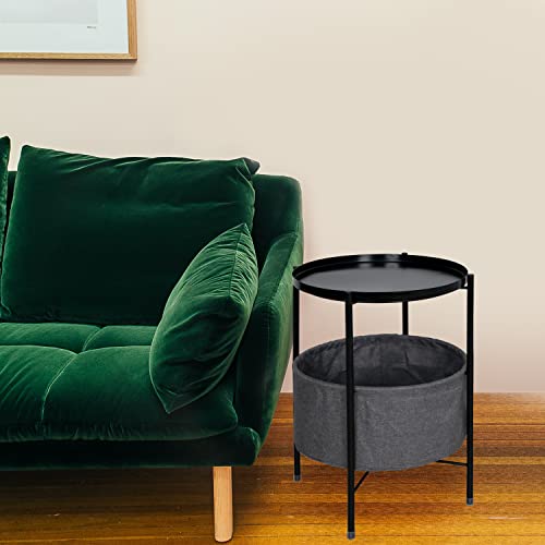 Zoes Homeware Reinforced Round End Table With Fabric Storage,Small Side Table With Recessed Tabletop,Modern Bedside Table For Living Room,Bedroom,Nursery, Laundry,Nightstand,24" Tall,Black #TOP1