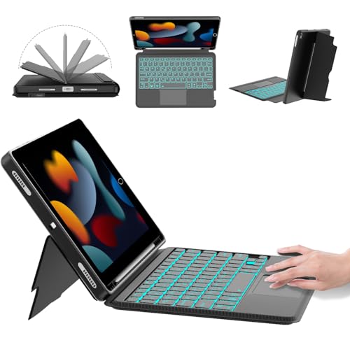 【2025 iPad 第9/8/7世代 キーボード付きケース 縦向き・横向き対応 10.2インチ & iPad Pro 10.5インチ 7色バックライト 高精度トラックパッド搭載 Type-C充電 15°～180°角度調整 3台デバイス接続 ペンシルホルダー付き