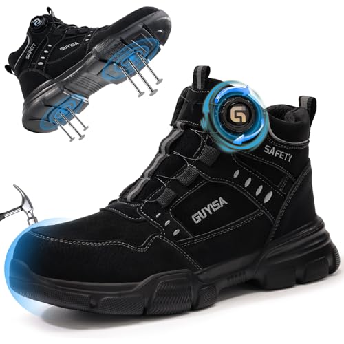 GUSAYEX Steel Toe Cap Safety Boots Mens Lightweight Work Boots with Puncture Proof Midsole & Quick Lace Swivel Buckle Comfortable Safety Shoes for Construction WarehouseLogistics and Factory Black
