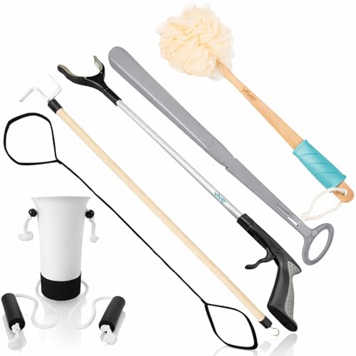 Vive Hip and Knee Replacement Kit (6 Pcs) - After Surgery Recovery Set for Seniors - Handicap Aid, Leg Loop Lifter, Reacher Grabber, Long Handle Shoe Horn, Shower Loofah, Sock Assist, Dressing Stick