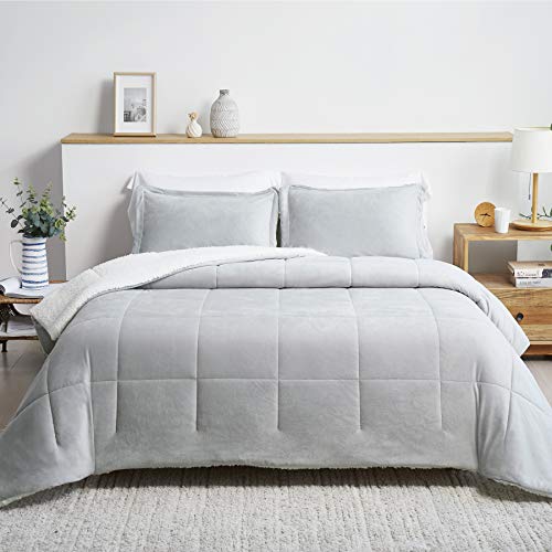 Bedsure Luxurious Micromink Sherpa Twin Comforter Set 2 Pieces - (1 Comforter 68x88 and 1 Pillow sham), Reversible Down Alternative Comforter, Machine Washable, Light Grey