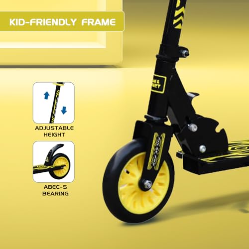 Image of Amazon Brand - Jam & Honey Kick Scooter | Foldable 2-Wheel Design with Rear Brake | 3-Height Adjustable Handlebar | BIS Certified | 50 kg Max Load | Neon Yellow | Ages 6-13 Years