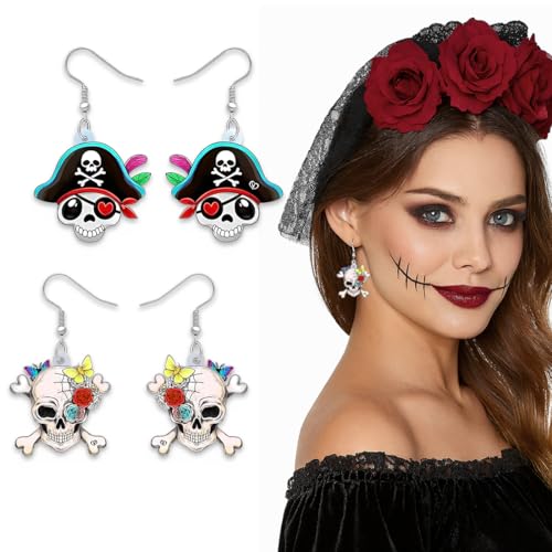 EAVUYIS 2 Pares Cute Halloween Pirata Calavera Pendientes Colgante Charms Moda Joyería Para Mujer Niña Regalo