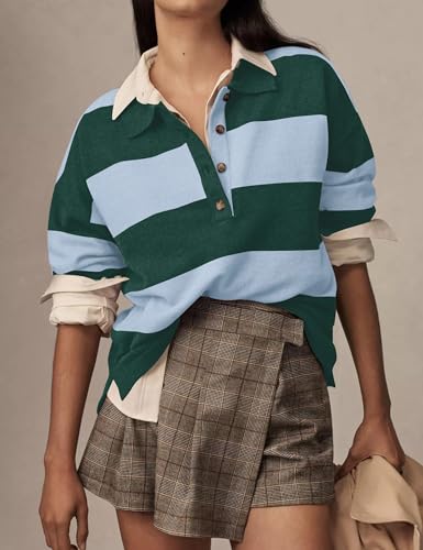 Image of Womens Striped Sweater Rugby Polo Shirts Y2k Collar Pullover Tops | Rugby Shirt,Long Sleeve Knit Top,Lapel V Neck Jumper,Oversized,Casual Outings Streetwear,Preppy Sweater,Fall Winter Clothes