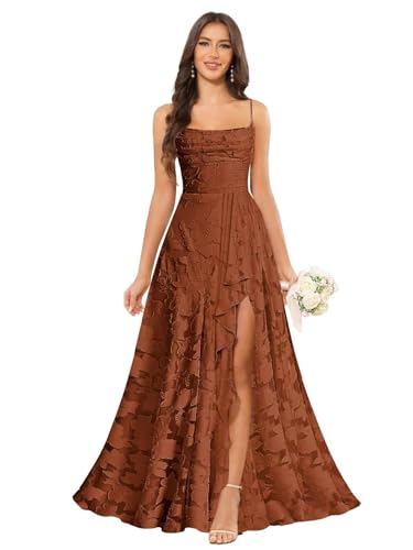 Floral Lace Bridesmaid Dresses Long Ruffles Wedding Formal Dress with Slit