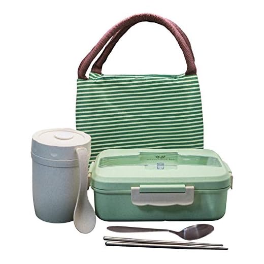 Bento Lunch Box for Kids and Adults – Wheat Straw material, Leakproof, Microwave Safe, BPA Free Eco-friendly - Bentobox - Includes Insulated Bag, Soup-Cup, Spoon & Stainless Steel Cutlery (Green)
