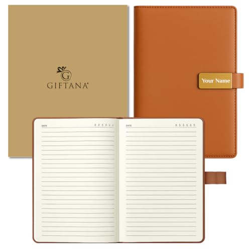 Image of Giftana Personalized Diary with Name, Customized Leather Diary with Magnetic Overlap Lock,192 Pages, Personalised A5 Notebook Diary, Office Use, New Year Corporate Gifts for Employee (Tan - Gold Clip)