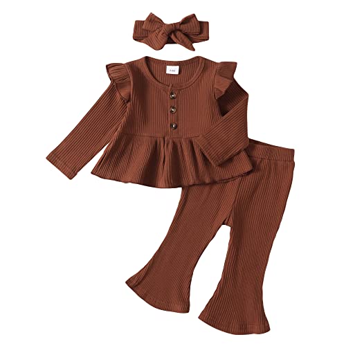 Image of Toddler Baby Girl Clothes Fall/Winter Girls Outfits Ruffle Long Sleeve Tops Floral Flared Pants Girls' Clothing Sets