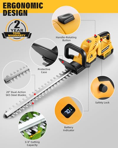 Image of Electric Hedge Trimmer Cordless, Compatible with Dw 20V MAX Battery, Lightweight Hedge Trimmers,3000RPM 180 Rotating Head,3 /4 inch Blade Gap(Battery Not Included)