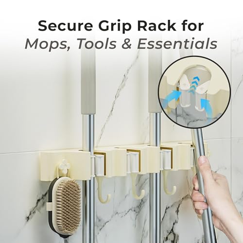 Image of HomeEssentials Mop & Broom Holder: Wall-Mounted Organizer with 4 Racks & 5 Hooks. Heavy-Duty Self-Adhesive Storage for Kitchen, Garage & Laundry. Space-Saving Utility Rack for Garden Tools (Beige)