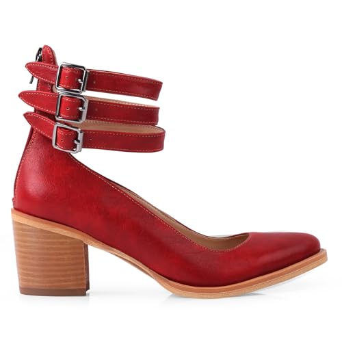 FancyQueen Mary Jane Pumps, Vintage Mary Janes Heels Chunky Round Toe Mary Jane Shoes with Adjustable Buckles Back Zipper