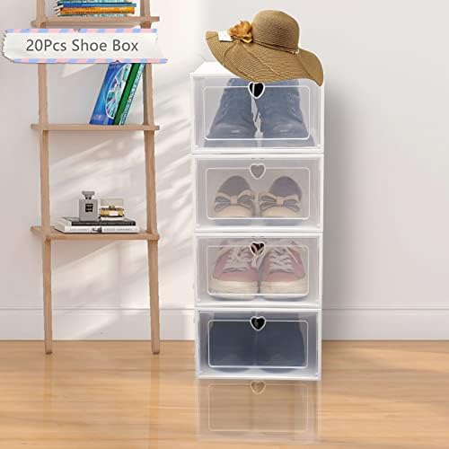 20Pcs Shoe Storage Box Stackable up to Size 12 UK Clear Shoe Storage Organiser, Foldable Shoe Containers, Plastic Shoe Storage Box for Women/Men 33x23x14cm (White)