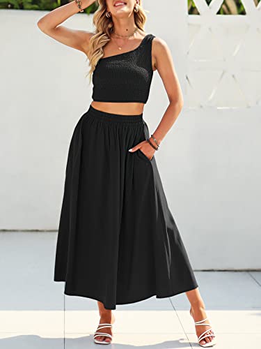 Anrabess Women's 2 Pieces Outfits One Shoulder Smocked Crop Top & High Waist Long Skirt Dress Set With Pockets 543Heise-S Black #TOP5