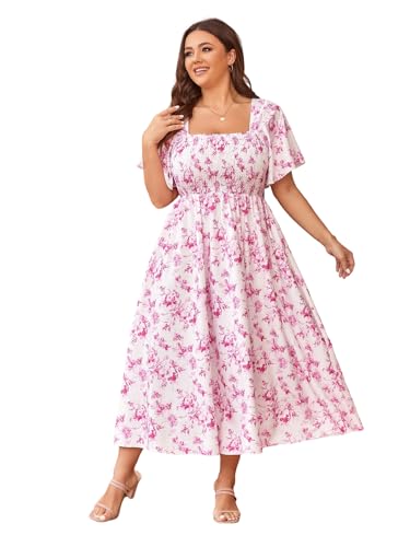 Image of Floerns Women's Plus Size Floral Square Neck Flounce Short Sleeve A Line Maxi Dress