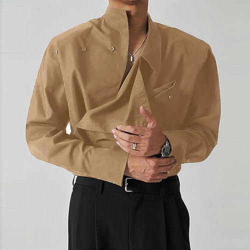Mens Irregular Stand Collar Shirt Solid Color Long Sleeve Loose Fit Top Button Up Dress Shirts Casual Streetwear3