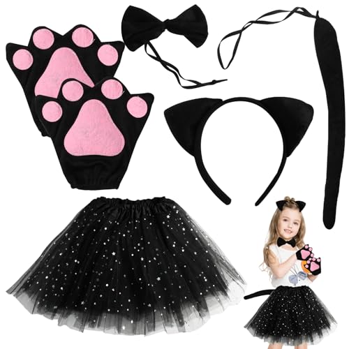 Fllyvly Ein Satz von fünf TeilenKinder Tierkostüm Set für Karneval und Cosplay - Enthält Tutu Rock, Katzenohren, Schwanz, Handschuhe und Schleife - für Fasching, Halloween und Geburtstagspartys