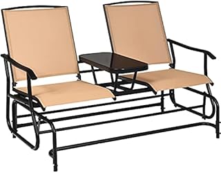 COSTWAY Double Glider Chair, Metal Frame 2 Seater Swing Chair with Tempered Glass Table, Outdoor Loveseat Relax Rocking Chairs for Garden, Patio, Porch and Poolside (Beige)
