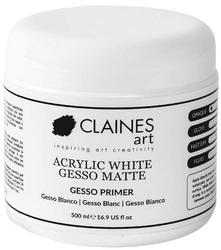 Claines Art Acrylic White Gesso Primer Matte 500ml (16.9-oz) for Oil Painting, Acrylic Painting & Water Based Paint