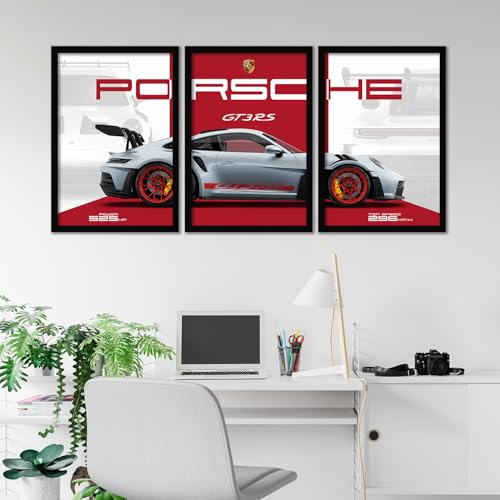 Image of ARTELLY Big Porsche 911 GT3rs Sports Car Framed Wall Posters, Set of 3, Premium Framed Painting, Living Room Bedroom Decoration, Large Size Gift Item for Boys Room Decor (Porsche 2, 10x13 inch)