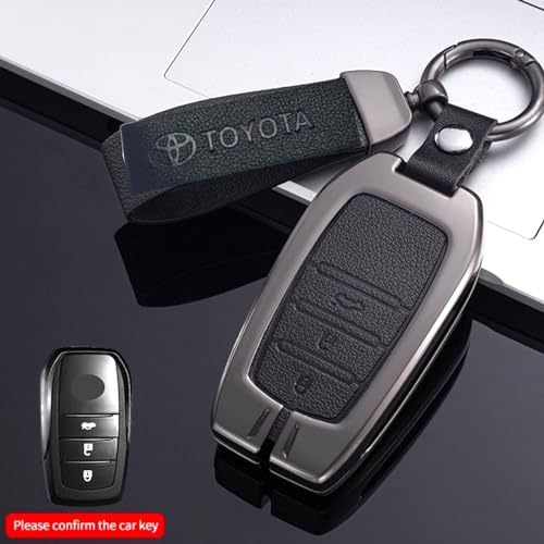 Image of Zinc Metal Alloy Leather Car Key Cover & Case Black with Keychain & Holder Compatible for Toyota Fortuner, Legender, Innova Crysta, HyCross, Land Cruiser, Hilux (3 Button Push Smart Key)