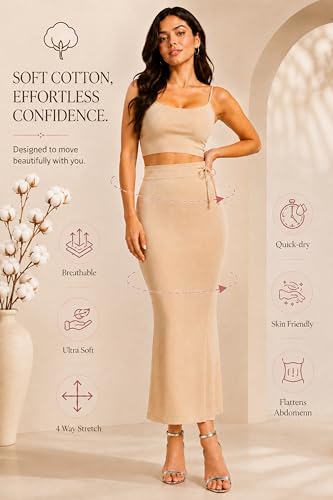 Image of Stretchable Cotton Saree Shapewear Petticoat for Women | Breathable Saree Shaper with Drawstring & Side Slits | Seamless Inskirt Petticoat for Saree Lehenga Gown | S-5XL