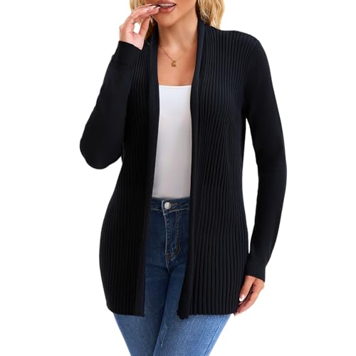 Women's Ribbed Open Front Cardigan, Soft Knit Long Sleeve Lounge Office Essential Sweater Year Round Versatile