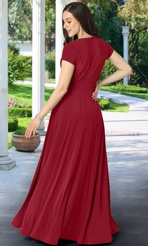 KOH KOH Women’s Long Cap Short Sleeve Flowy Cocktail Semi Formal Prom Gala Black Tie Bridesmaid Wedding Guest Work Dressy Tall Gown Gowns Maxi Dress Dresses, Red M 8-10