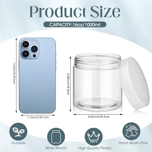 Image of Patelai 4 Pcs Plastic Jars Wide Mouth with Lids,16 Ounce,Clear | Travel Size for Creams Oils, Clear Round Storage Cosmetics Containers, Leak Proof Screw on Lids for Makeup Beauty DIY