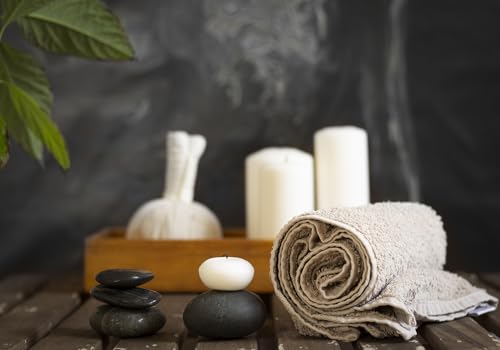 Dark Zen Spa Stone Candle Towel Backdrop Tranquil Wellness Herbal Scene Background Meditation Retreat Theme Party Decorations Holistic Healing Photo Studio Props 5X4ft Fabric