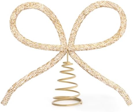 Christmas Decorations - Christmas Decor - Gold Glass Rhinestone Bow Tree Topper - Xmas Holiday Tree Top Decoration for Indoor Outdoor Home Room Party