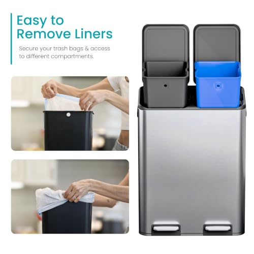Image of Home Zone Living 16 Gallon Kitchen Trash Can with Dual Compartments for Recycling, Stainless Steel, Silver, 60 Liters Total