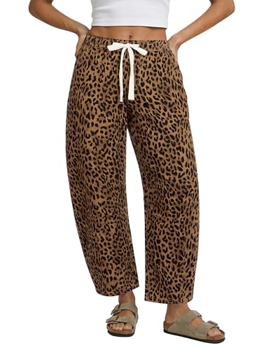 GRAPENT Loose Fitting Jeans for Women Womens Pull on Jeans Brown Barrel Plus Size Wide Leg Womens Wide Leg Pants Cropped Women Barrel Pants Brown Cheetah Size XX-Large US 20 to 22