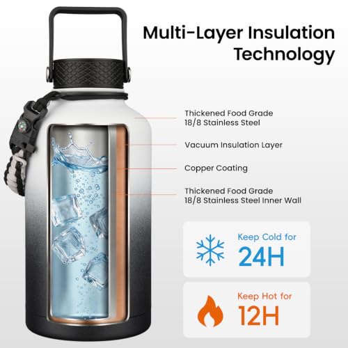 Image of Konokyo Half Gallon Insulated Water Bottle with Straw,64 oz 3 Lids Water Jug with Carrying Bag,Paracord Handle,Double Wall Vacuum Stainless Steel Metal Flask,Day Night