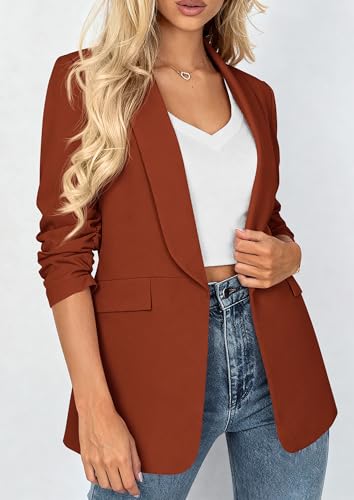 PRETTYGARDEN Women's 2026 Spring Blazers Business Casual Outfits Open Front Ruched 3/4 Sleeve Lightweight Work Suits Jackets (Rust,Large) — view 3
