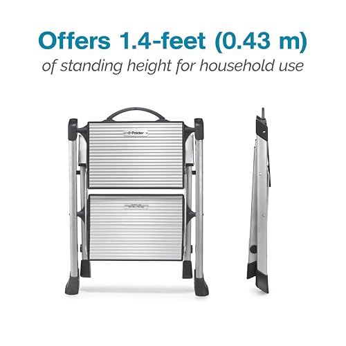 Image of Polder Easy-Close Aluminium 2-Step Stool, Ladder with Non-Skid Feet, Folding Step, Top Step Height - 1.4 feet