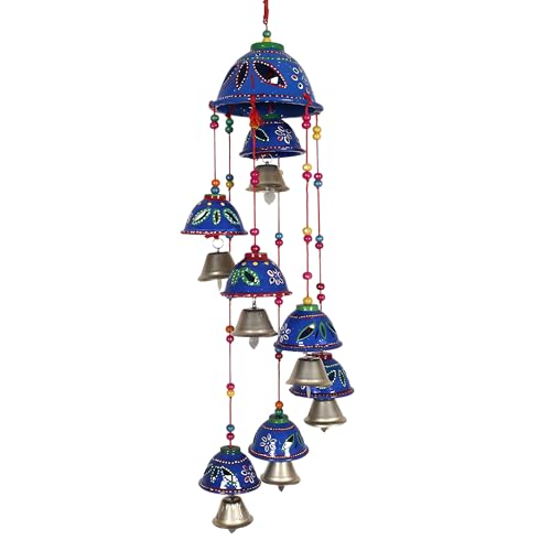 Kuber Industries Plastic Rajasthani Design Handcrafted Hanging Windchimes|Latkan with 8 Bells for Home Decor & Positive Energy (Blue)