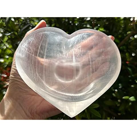 GAF TREASURES Large Selenite Heart Bowl, 5" Selenite Heart Shaped Dish Bowl With Pedestal, Crystal Polished Cleansing Charging Healing Gemstone Bowl Cover