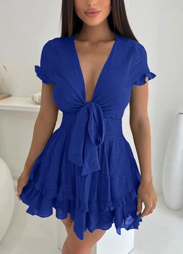 PRETTYGARDEN Women Summer Mini Short Dress 2025 Short Sleeve Casual Beach Vacation Sundress V Neck Tiered Sun Dresses