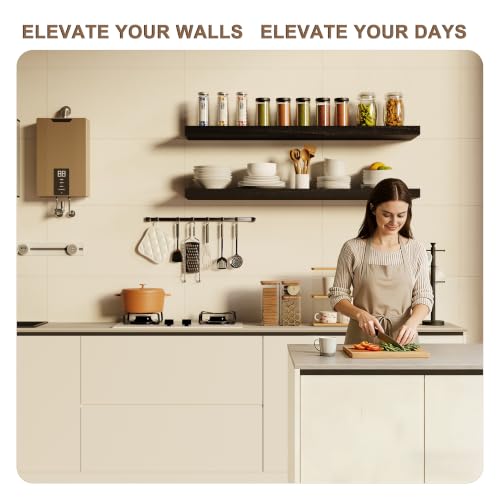 Image of Floating Shelves, Set of 2, 36-Inch Long Wall Shelves, 12-Inch Deep Extra-Thick Solid Paulownia Wood Display Ledges, Heavy-Duty Storage Organizer for Kitchen, Living Room, Bedroom (Black)