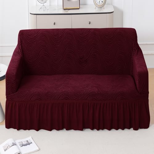 Image of HOKIPO 240 GSM Premium Jacquard Fully Covered Stretchable Sofa Cover for 2 Seater, 'Serene Wave Series' Wine (AR-6353-WINE)