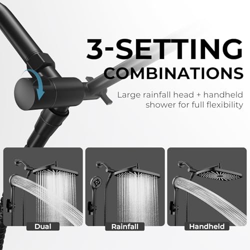 Seacity Wide Rain Shower Head With 5 Modes Handheld Showerheads, High Pressure Showerhead Combo with Extension Arm for Bathroom Accessories, Adjustable Shower Head with Anti-Clog Nozzles (Black)