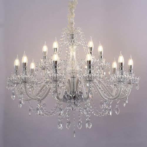 USOR Clear K9 Crystal Chandelier 15-Light Candle Chandelier French Pendant Ceiling Light Fixture Large Modern Luxurious Crystal Glass Maria Vintage Chandelier for Island Kitchen Living Room Bedroom