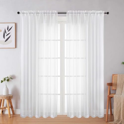 WelvetBLK White Sheer Curtain for Bedroom Living Room 72 Inches Long 2 Panels Set, Solid Soft Airy Light Filtering Sheer Window Curtains, Modern Rod Pocket Door Curtain, White, 59" Wx72 L Inches