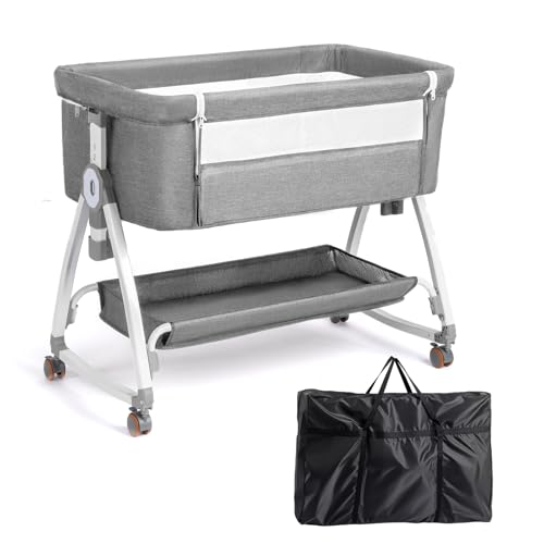 JOYMOR 3 in 1 Baby Bassinet, Bedside Bassinet for Baby, with Comfy Mattress and Wheels, 6 Height Adjustable Easy Folding Portable Bedside Crib for Newborn (Gray)