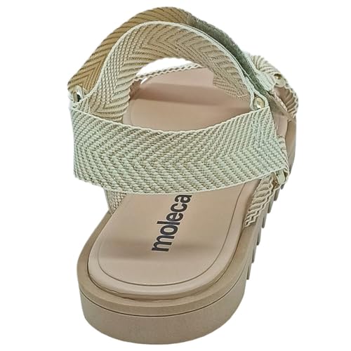 Moleca, Sandália Feminina Moleca Tiras Gorgurao Velcro Ajustável Cor:Branco Off/Dourado;Tamanho:34