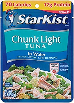 Image of StarKist Chunk Light Tuna in Water, 2.6 oz Pouch (8 Pack) Ready to Eat Wild Caught Tuna, 17g Protein, 70 Calories Per Serving, Gluten Free, Soy Free, Kosher, Perfect for Salads, Keto Meals and Snacks