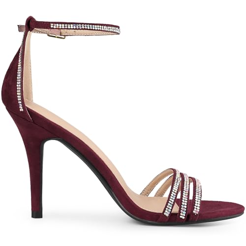 Allegra K Allegra K Women's Rhinestone Ankle Strap Open Toe Burgundy Stiletto Heels Sandals - 7.5 M US