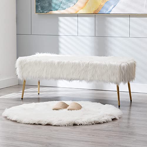 Duhome Faux Fur Plush Ottoman Bench, Modern Fluffy Upholstered Bench For Entryway Dining Room Living Room Bedroom, White #TOP3