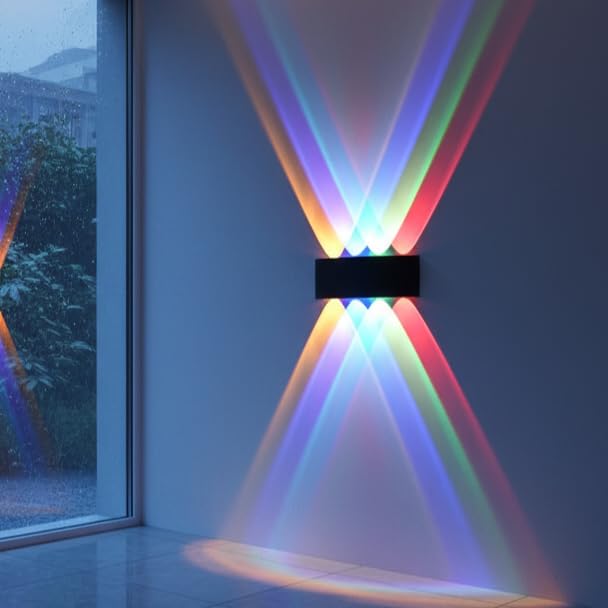 Image of FERA 8 Ray LED Wall Light Outdoor Waterproof - Multicolor (Red, Blue, Green, Yellow) 4 Up 4 Down Ray Lamp for Home Decoration, Elevation & Balcony - Fancy Exterior Lights (IP65, Black) 8 Ray Color