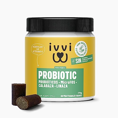 ivvi - Probiotic- Complemento Alimenticio para Perros Bienestar Digestivo – Probióticos, Calabaza, Avena, Semillas de Lino y Calabaza - 60 Deliciosas Golosinas con Pollo, 270g